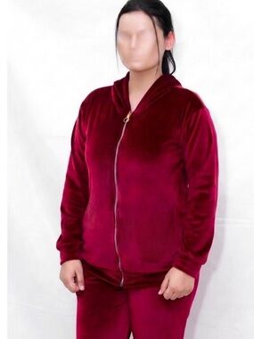 Velour Zip Hoodie Track Pants Set - Wine Red